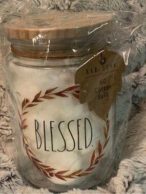Rae Dunn White Glass 'Blessed' Jar with Brown Wreath & Wood Lid
